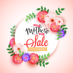 Poster - Mother's Day sale banner design with beautiful flowers and upto 70% off offers.