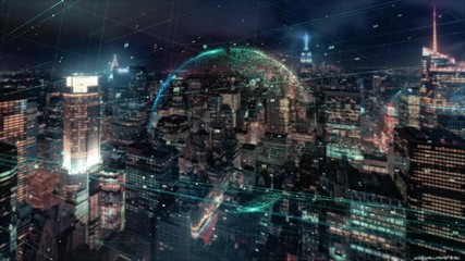 Digital animation of Global business hologram.Holographic rendering Earth, against the background of skyscrapers. illustration of business processes and communications, technology, connection