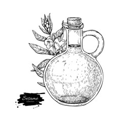 Wall Mural - Bottle of sesame oil with plant. Vector Hand drawn illustration.