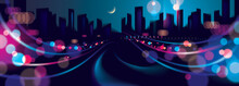 Wide Panorama Big City Nightlife With Street Lamps And Bokeh Blurred Lights. Effect Vector Beautiful Background. Blur Colorful Dark Background With Cityscape, Buildings Silhouettes Skyline.