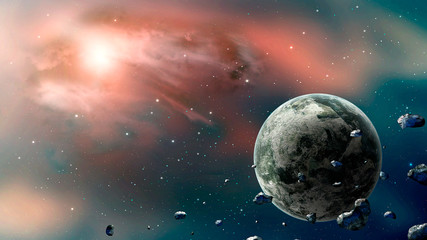 space scene. blue and blue nebula with planet and asteroids. elements furnished by nasa. 3d renderin