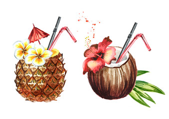 Pina colada cocktail set. Watercolor hand drawn illustration,  isolated on white background