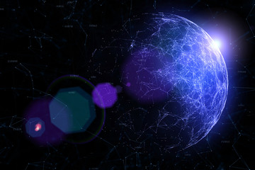 Wall Mural - Futuristic network cyberspace sphere with numbers, lines, dots and triangles illustration. View from space.