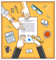 Bank customer write a sign on financial form of money credit with employee helps him and explains the terms of loan or Businessman signs contract paper, top view of desk with people hands. Vector.