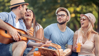 Canvas Print - Happy young friends having picnic in the country