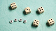 © terentiewshura - The word 'Game' is composed of multicolored wooden letters and game dice on a mint background.