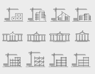 Icons construction, building crane, office building. Set. Vector