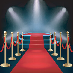 Wall Mural - Podium with red carpet and barrier rope in glow of spotlights