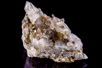 Macro photography of perfect piece of quartz mineral cluster isolated on the black background