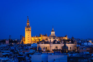 Sticker - panoramic view of Seville skyline with Giralda tower at background, Spain