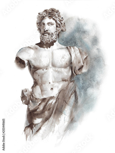 Fotografie, Obraz Statue ancient Greek Roman sculpture warrior athlete man statue watercolor paint