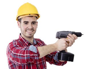 construction worker and bricolage with drill and space for text