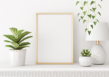 Home Interior Poster Mock Up With Vertical Metal Frame, Plants In Pots And Lamp On White Wall Background. 3D Rendering.