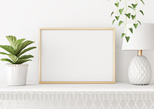 Home Interior Poster Mock Up With Horizontal Metal Frame, Plant In Pot And Lamp On White Wall Background. 3D Rendering.