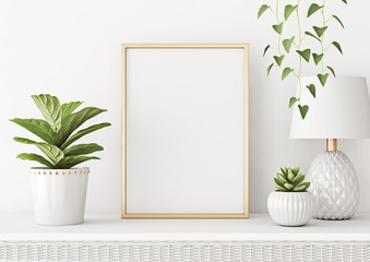 Aufkleber - Home interior poster mock up with vertical metal frame, plants in pots and lamp on white wall background. 3D rendering.