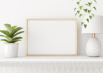 Aufkleber - Home interior poster mock up with horizontal metal frame, plant in pot and lamp on white wall background. 3D rendering.