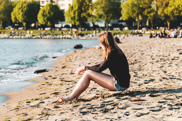 Canvas Print - Girl at English Bay Beach in Vancouver, BC, Canada