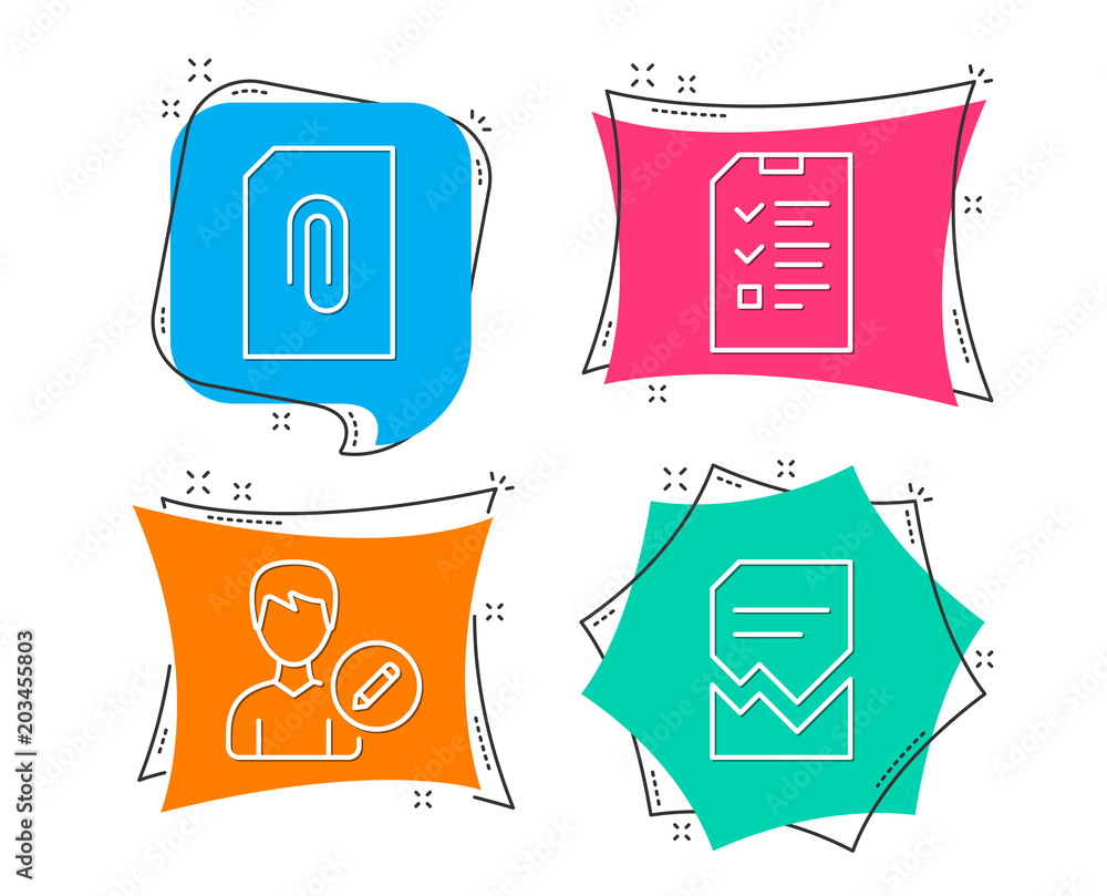 Set of Edit person, Attachment and Interview icons. Corrupted file sign ...