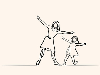 Wall Mural - Continuous line drawing. Family with mother and girl in fly. Vector illustration