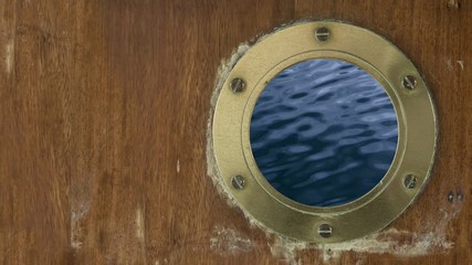 Wall Mural - A Grungy Porthole On A Ship Or Boat With Slow Motion Waves And Copy Space