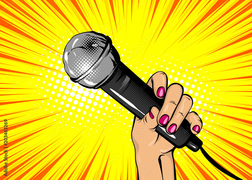 Woman pop art style fashion. Girl hand hold microphone cartoon vector ...