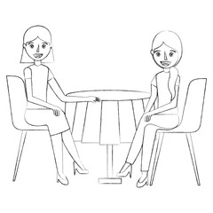 Wall Mural - young women sitting at the table in chairs vector illustration sketch