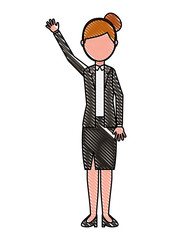 Sticker - elegant businesswoman with hand up avatar character vector illustration design