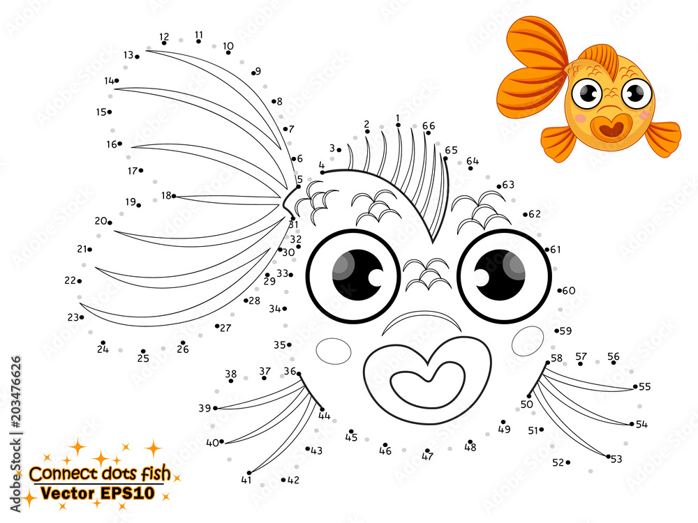Connect the dots draw the cute cartoon fish and color. educational game ...