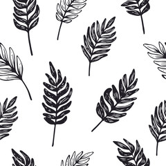  Leaf seamless vector pattern. Hand sketched black and white botanical background