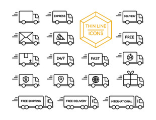 Delivery truck shipping service thin line icon set