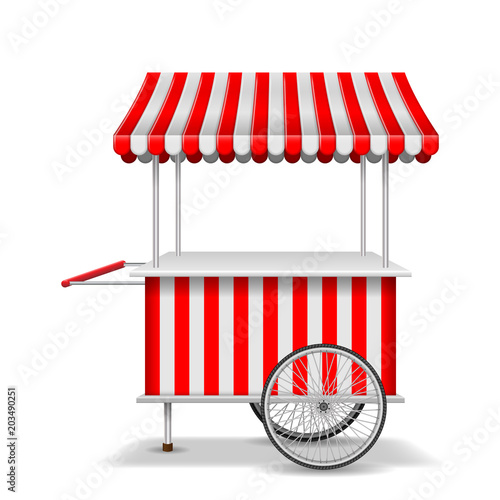 Download Realistic street food cart with wheels. Mobile red market stall template. Farmer shop market ...