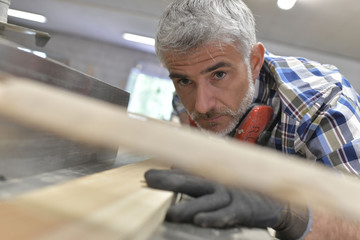 Wall Mural - Man working in wood industry cutting piece wood