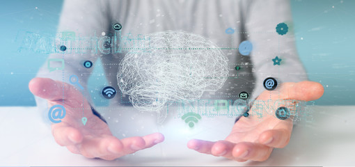 Man holding a 3d rendering artificial intelligence concept with a brain and app
