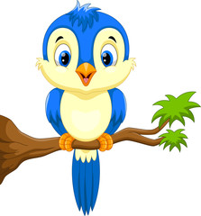 Wall Mural - cute blue bird cartoon on the tree branch