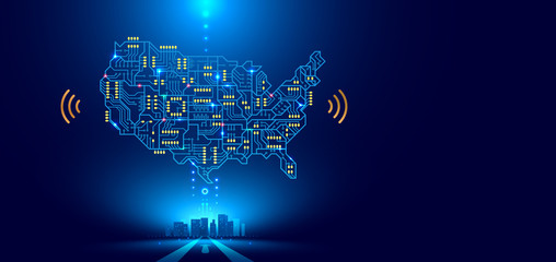 Poster - Abstract communication network map USA or America as a printed circuit Board. Smart city connected with country. Technology concepts