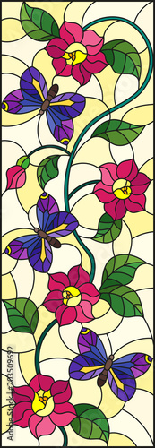 Dekoracja na wymiar  ilustracja-w-stylu-witrazu-z-abstrakcyjnym-kreconym-rozowym-kwiatem-i-fioletowym-motylem