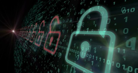 Cyber security background. New seamless looping animation with closing padlocks and flying numbers dynamic motive. Concept of computer safety.