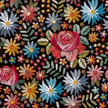 Embroidery Seamless Pattern With Colorful Flowers, Leaves And Berries On Black Background. Fashion Design For Fabric, Textile, Wrapping Paper. Fancywork Print. Vector Illustration.