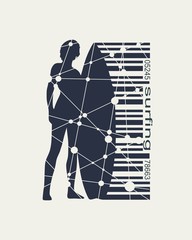 Wall Mural - woman posing with surfboard. surfing emblem for web design or print. bar code connected with silhoue