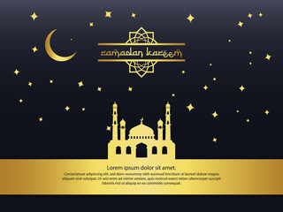 Wall Mural - gold mosque, moon and stars element design for Ramadan Kareem islamic greeting. invitation Banner or Card Background Vector illustration.