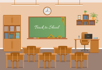 School classroom with chalkboard, student desks clock and teacher's desk. School class room interior design.