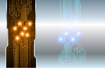 binary circuit board future technology, silver orange cyber security concept background, abstract hi speed digital internet.motion move blur. pixel