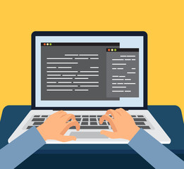 programmer working on pc laptop with program code on screen, coding and programming vector illustrat