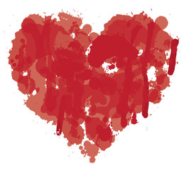 Sticker - Vector red graphic abstract illustration of heart sign with ink blots, brush strokes, drops. Bloody heart with spots and splashes isolated on white background