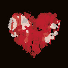 Sticker - Vector red graphic abstract illustration of heart sign with ink blots, brush strokes, drops. Bloody heart with spots and splashes on black background