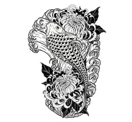 Sticker - Koi fish and chrysanthemum tattoo by hand drawing.Tattoo art highly detailed in line art style.