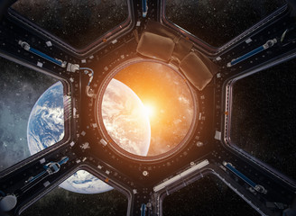 Wall Mural - landscape with milky way galaxy. sunrise, earth and spacecraft view from space with milky way galaxy