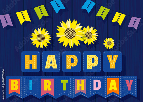 Happy Birthday Card Colorful Cartoon With Sunflowers Poster On