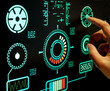 © FERNANDO - close up of hand pushing botton on futuristic user interface concept. Head up Display(HUD)