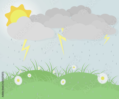 Banner Wallpaper About A Cloudy Day Spring With Flowers Grass Grey Clouds Sun Rain And Thunders Eps 10 Vector Illustration Buy This Stock Vector And Explore Similar Vectors At Adobe Stock